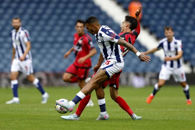 Karlan Grant battles for the ball against Rayo Vallecano (Photo by Adam Fradgley/West Bromwich Albion FC via Getty Images)