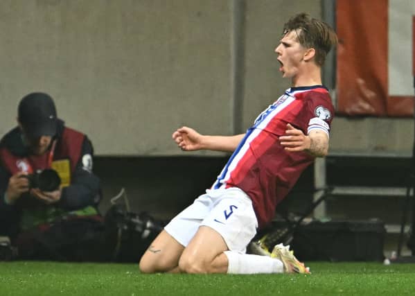 Norway's defender #05 David Moller Wolfe celebrates scoring during the 2026 World Cup Group I qualifier football match between Israel and Norway, in Debrecen, Hungary, on March 25, 2025. (Photo by Attila KISBENEDEK / AFP) (Photo by ATTILA KISBENEDEK/AFP via Getty Images)