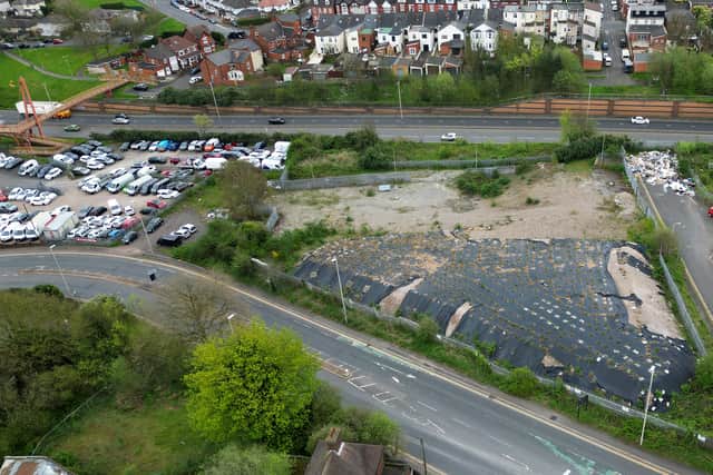 An aerial shot over the Portersfield Development, which was the site of the former Cavendish House, and is earmarked for development but still, as it stands, is empty.
