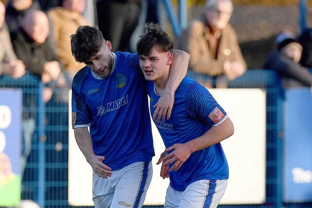 Walsall striker Charlie Wragg celebrates his equalizer for Halesowen against AFC Telford United.