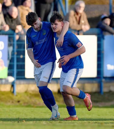 Walsall striker Charlie Wragg celebrates his equalizer for Halesowen against AFC Telford United.