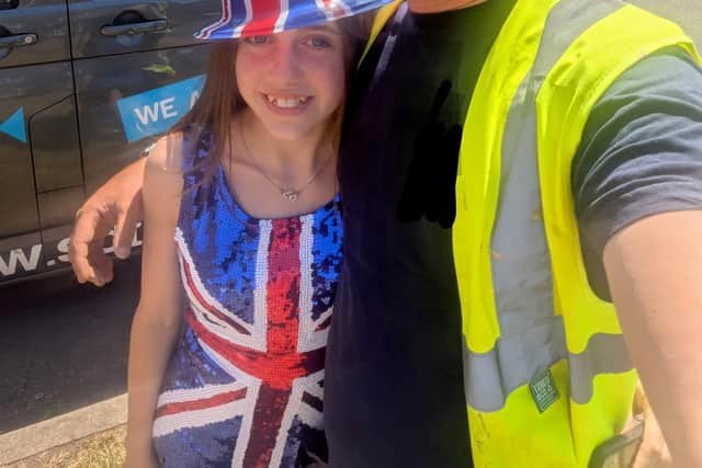 Stuart Field and his daughter Courtney Wright and her Union flag dress. 