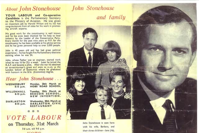 The man who had it all: An election campaign leaflet from 1966 showing John Stonehouse with his wife Barbara and their three children
