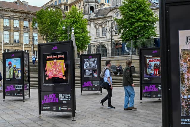 Black Sabbath album covers at the outdoor exhibition in Victoria Square, Birmingham