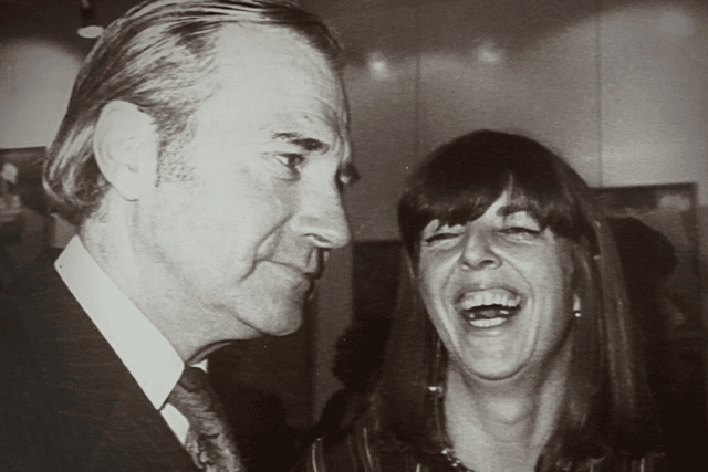 John Stonehouse with his elder daughter Jane, at an exhibition of her paintings, taken much later in 1982.