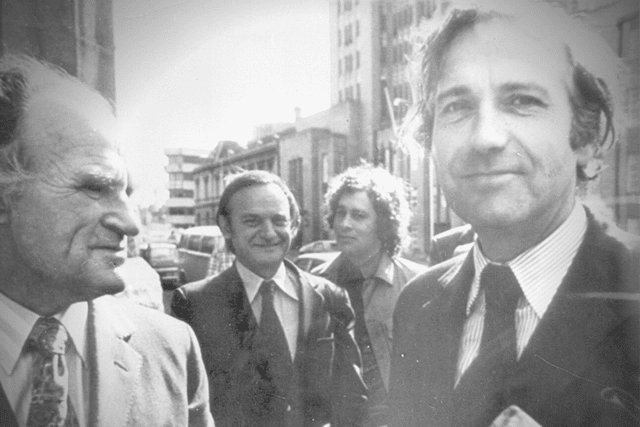 John Stonehouse with his lawyer outside Melbourne City Court, in April 1975.