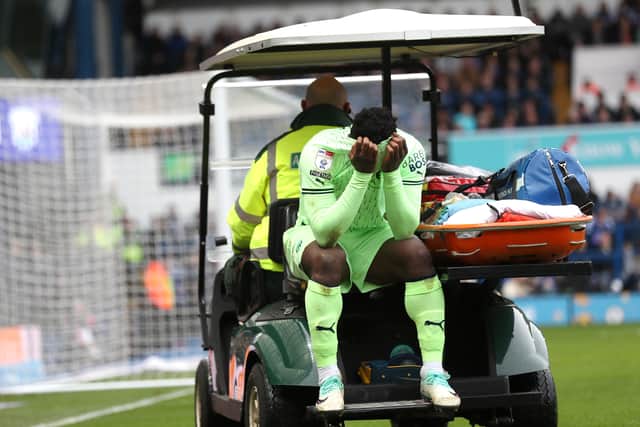 Tears as Daryl Dike was karted off injured at Portman Road. (Photo by Adam Fradgley/West Bromwich Albion FC via Getty Images).