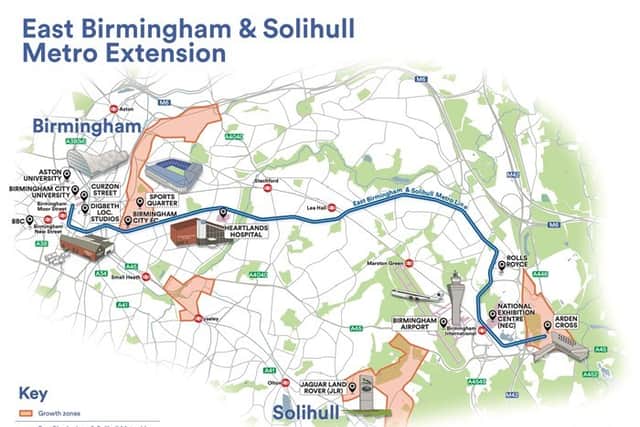 Map showing the proposed route of the East Birmingham North Solihull tram extension. Taken from West Midlands Combined Authority press release.