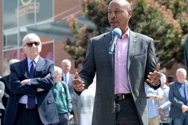 Brendon Batson speaking at an event