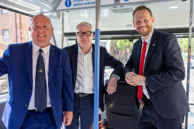 Councillor Jim O'Boyle, Mayor Richard Parker and Simon Lightwood MP on the Very Light Rail. Photo: West Midlands Combined Authority