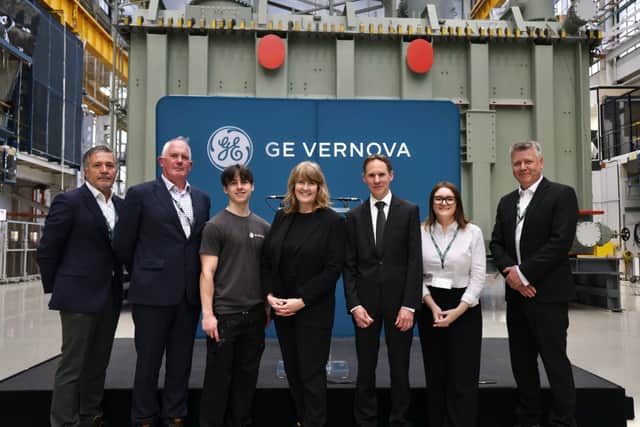 The event celebrating the expansion at GE Vernova, Stafford. L-R: Eduardo Villar Galan - Stafford Transformers Site Leader, GE Vernova; Zac Richardson - director offshore delivery at National Grid; Joseph Kingston - Transformers engineering apprentice at GE Vernova; Sarah Jones - Minister of State for Industry; Johan Bindele - business line leader for GSI, Stafford MP Leigh Ingham; Craig Jones - vice president - UK Energy Transition, GE Vernova.