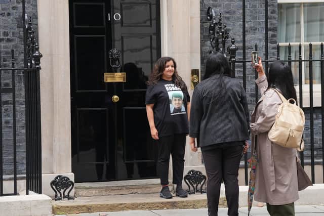 Pooja Kanda, mother of Ronan Kanda who was killed in 2022, poses for a photograph in front of the door to 10 Downing Street, London, following a knife crime summit hosted by Prime Minister Sir Keir Starmer