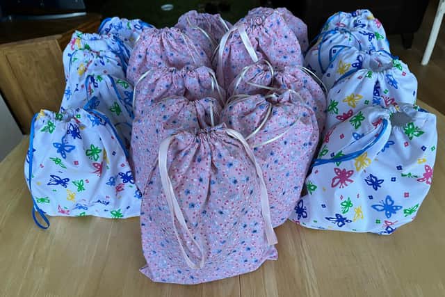 Some of the filled comfort bags made by Cannock Soroptimists for the new Mums in the Specialist Maternity Unit at New Cross