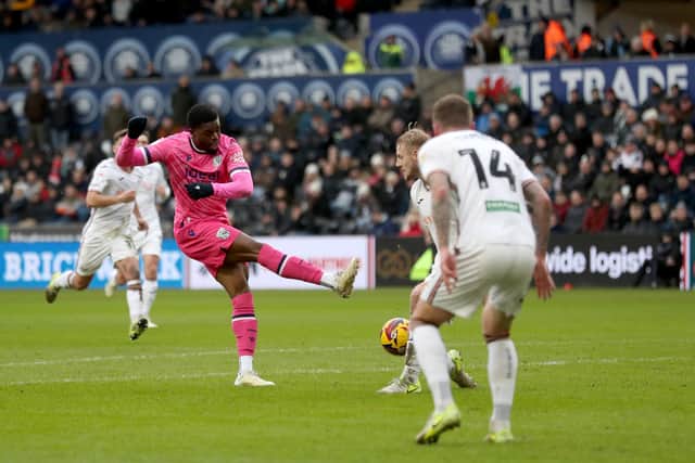 Josh Maja drags a shot wide of the mark for West Brom in their clash against Swansea (Photo by Adam Fradgley/West Bromwich Albion FC via Getty Images)