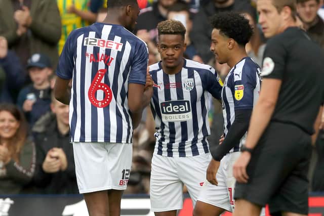 Grady Diangana of West Bromwich Albion celebrates after scoring a goal to make it 2-0 with Semi Ajayi of West Bromwich Albion and Matheus Pereira of West Bromwich Albion. (AMA)
