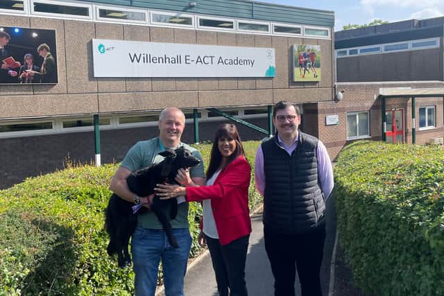 L-R Tim Marston, Sureena Brackenridge MP, Finlay Allmond - and Bee Bee the dog