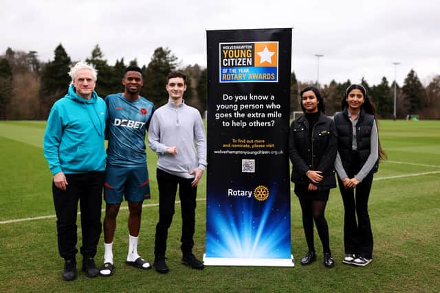 Mel Eves, left with Wolves star Nelson Semedo, and last year's winners Jude Ashton, Sienna Ahir and Sachi Bhambra at football club's training ground
