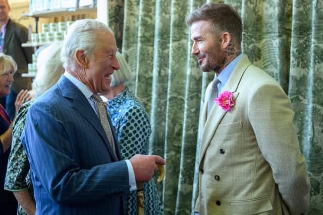 King Charles III meets David Austin Roses enthusiast David Beckham during the show. Photo: Paul Grover/Daily Telegraph/PA Wire