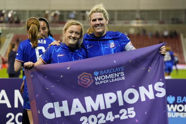 Chelsea's Millie Bright (right) and Chelsea's Erin Cuthbert (left) celebrate as they win the league after the Barclays Women's Super League match at Leigh Sports Village, Manchester. Picture date: Wednesday April 30, 2025.
