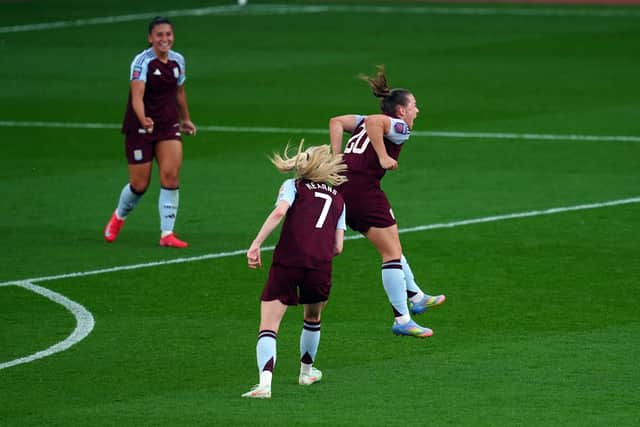 Aston Villa's Kirsty Hanson celebrates scoring their side's second goal of the game during the Barclays Women's Super League match at Villa Park, Birmingham. Picture date: Wednesday April 30, 2025.