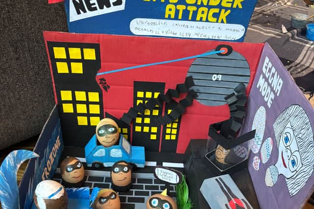 An Easter egg creation made by is Caleb Dove based on characters from Pixar animation The Incredibles including Edna Mode, also known as 'Eggna Mode', and Jack-Jack using hard boiled eggs. 