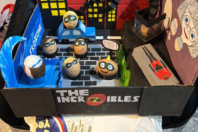  Megan Ensor's five-year-old son Caleb, from Birmingham, recreated the characters using hard boiled eggs.