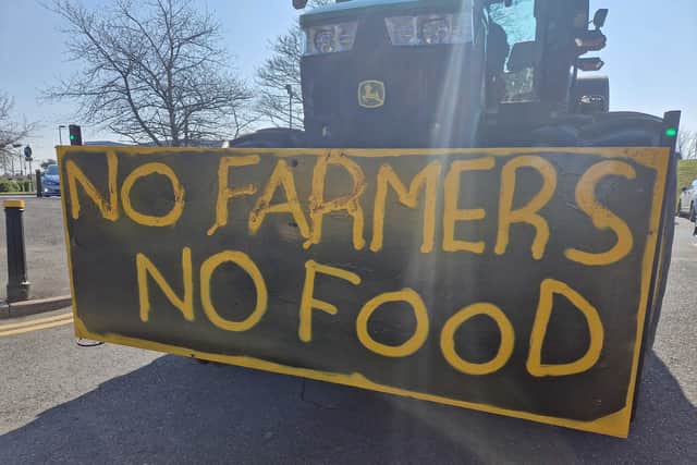 Tractors displayed banners at the protest in Telford. One read 'No farmers, no food'.