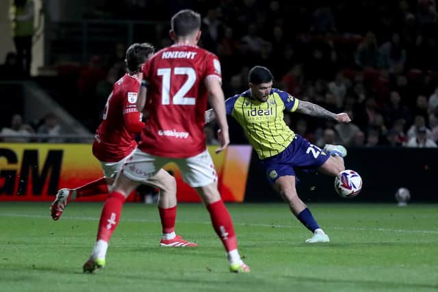 Alex Mowatt has a shot at goal in West Brom's defeat to Bristol City (Photo by Adam Fradgley/West Bromwich Albion FC via Getty Images)