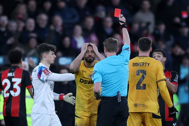 Matheus Cunha following his sending off against Bournemouth. (Photo by Ryan Pierse/Getty Images)