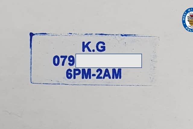 A stamp advertising the drugs line's number and opening hours. Photo: West Midlands Police