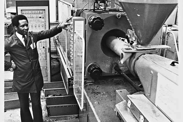 Healey Mouldings Ltd, Oldbury - Rupert Blackwood operating a new injection moulding machine in 1979