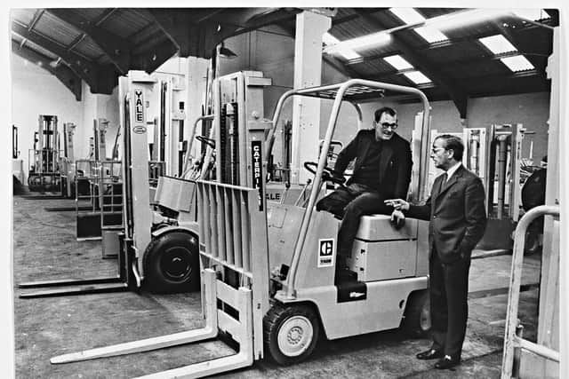 1973 - Gracemere Fork Lift depot, Old Heath Road, Wolverhampton.
Bernard Robert with Bill Johnson and part of the hire fleet.