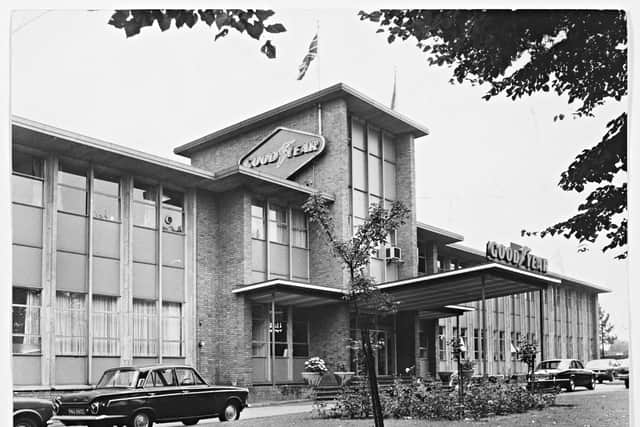 The landmark entrance to Goodyear in a picture from the mid 1970s