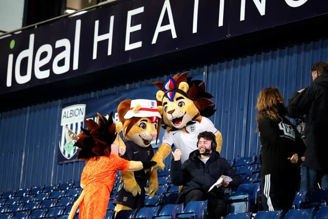England mascots get ready for the action at The Hawthorns (Photo by Adam Fradgley/West Bromwich Albion FC via Getty Images)