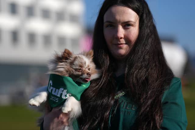 Amber, who is a Pomeranian arrives with her owner on the first day of the Crufts Dog Show at the National Exhibition Centre (NEC) in Birmingham. Picture date: Thursday March 6, 2025. PA Photo. See PA story ANIMALS Crufts. Photo credit should read: Joe Giddens/PA Wire