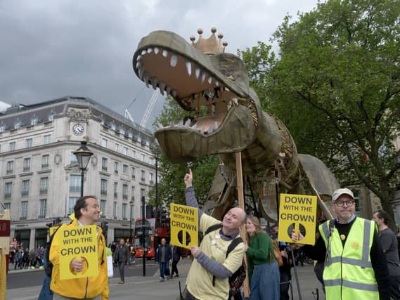 Protest Puppet Anti-monarchy protesters to bring out 15ft Chuck the Rex dinosaur mascot