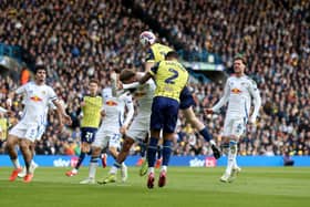 Darnell Furlong heads West Brom level at Elland Road (Photo by Adam Fradgley/West Bromwich Albion FC via Getty Images)