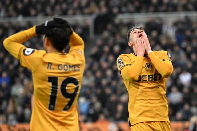 Joergen Strand Larsen of Wolverhampton Wanderers reacts after a missed chance (Photo by Stu Forster/Getty Images)