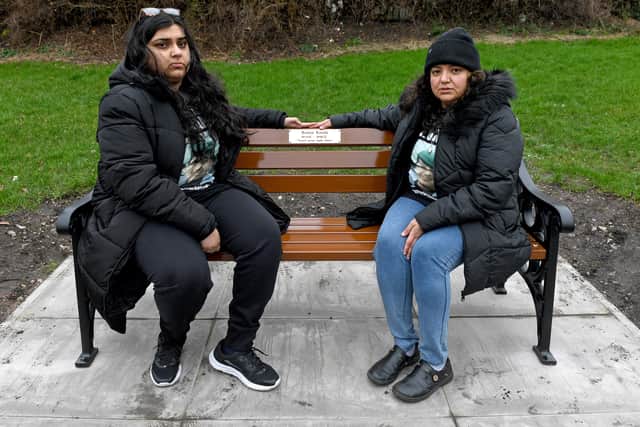 Ronan's sister Nikita and mum Pooja on the bench which bears his name.
