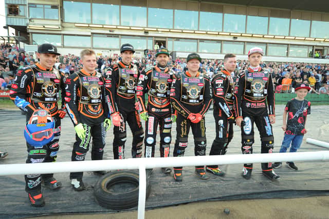 2018 - Wolves riders line up, for the 90th annivesary speedway meeting between Wolverhampton Wolves and Poole, at Monmore Green