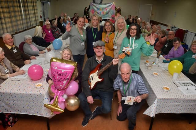 Burntwood Memorial Hall where Memory group Magnolia Friends, were celebrating there 1st birthday. Musician: Phil England was there to play with them and next to him at the front is staff and volunteers: Sue Bevington, Stuart Foy, then behind them: Hayley Lawlor, Sam Frankham, Fran Wilson, Dawn Roberts and boss: Karen Hurmson.