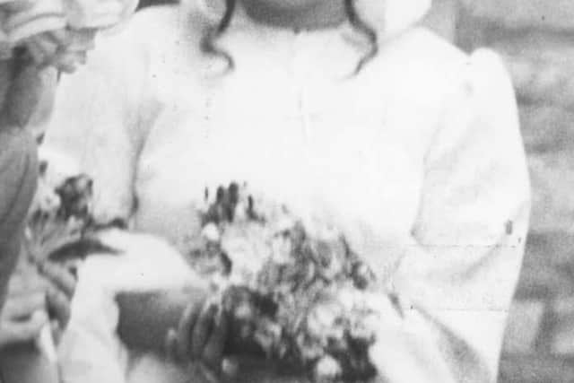 Lesley pictured as a bridesmaid at a wedding
