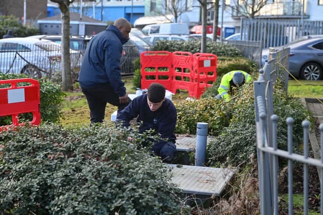 Repair teams were seen working at the site on Tuesday afternoon