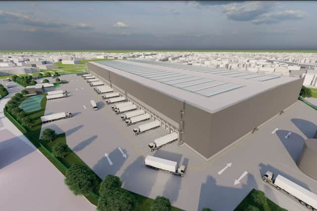 An architect's illustration of a proposed new distribution warehouse for Lidl