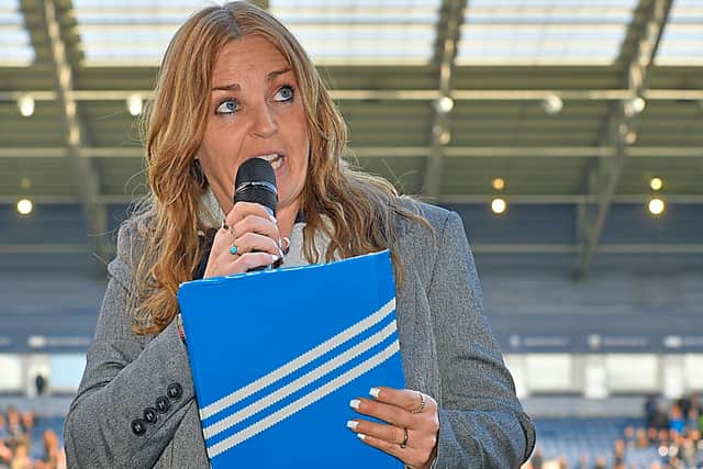 Dawn Astle speaks to The Hawthorns at Astle Day in April 2015. She has long been a campaigner for guidelines on limiting heading in football