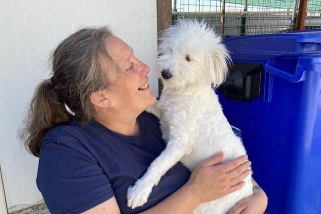 Louise with Connie, who was rescued from extreme neglect in Iraq and now lives in the UK