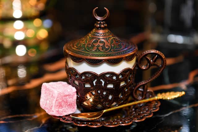 The Turkish coffee is made in the traditional manner and served in the same way