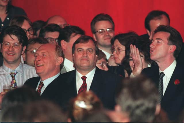 John Prescott, centre, with Neil Kinnock, left, and Peter Mandelson right 