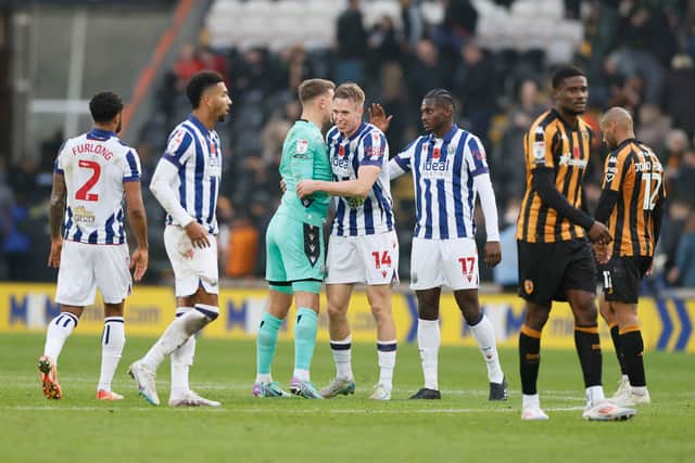 Albion celebrate their important win at Hull before the international break. Pic: PA
