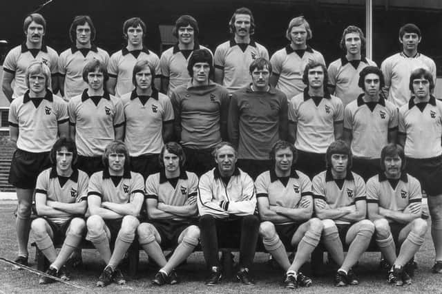 Back, from left: Derek Jefferson, Ken Hibbitt, Gerry Taylor, Frank Munro, Derek Dougan, Steve Kindon, Alan Sunderland, Sammy Chung. Middle: Derek Parkin, Peater Eastoe, Steve Daley, Phil Parkes, Gary Pierce, John McAlle, Geoff Palmer, John Richards Front: Jimmy Kelly, Dave Wagstaffe, Barry Powell, Bill McGarry, Mike Bailey, Danny Hegan, Jim McCalliog. Copyright Express and Star.